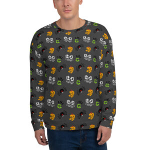 All-Over Print Recycled Unisex Sweatshirt – Featuring Ghosts, Spiders, Monsters, and Pumpkins